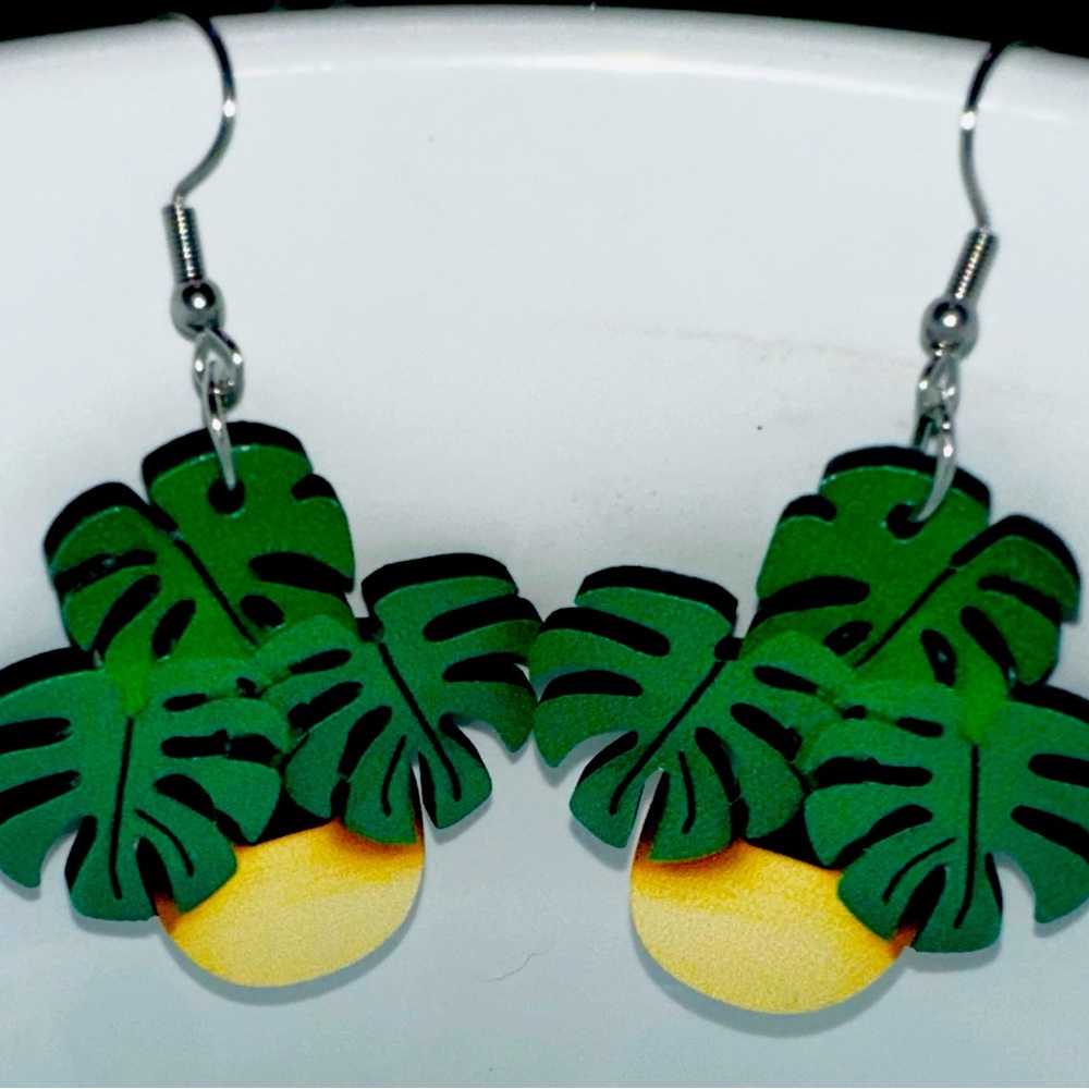 Wood Monstera Earrings